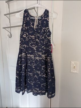 Vince Camuto Navy Lace Overlay Formal Dress